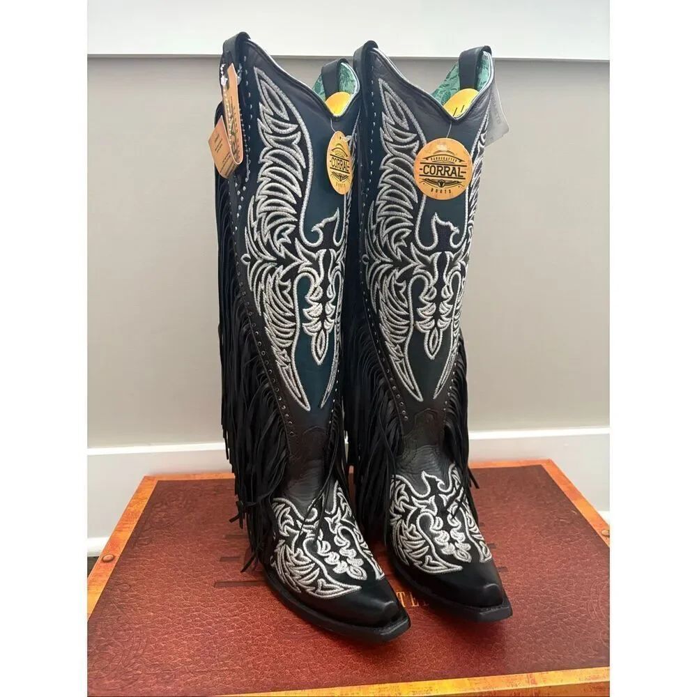 NIB Corral Boots Black Blue Eagle Embroidery Studded Fringe Cowboy Boots 7.5